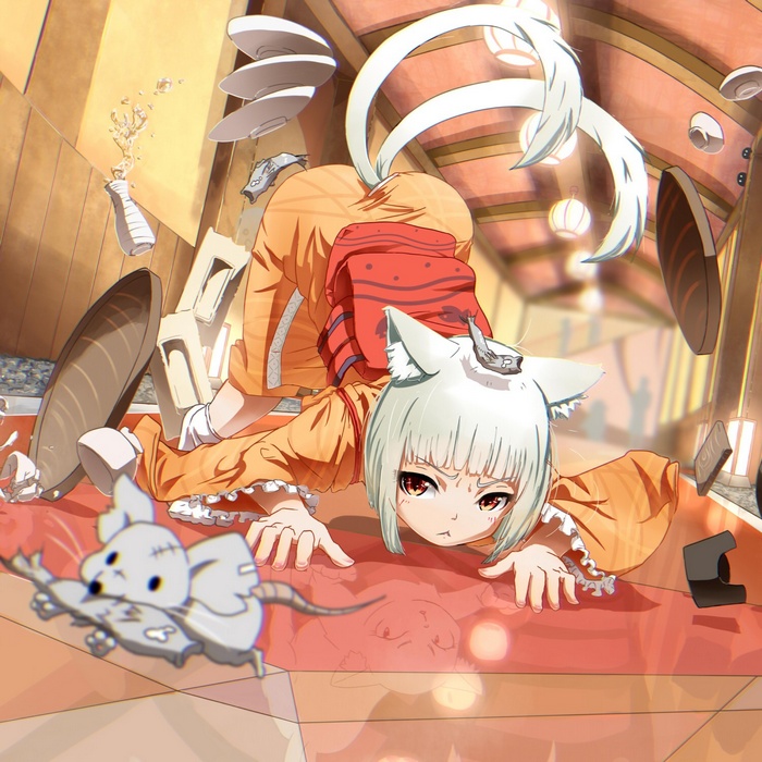 Anime cat girl and mouse in a chaotic restaurant