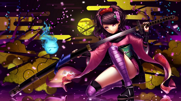 Anime girl with katana and blue spirit