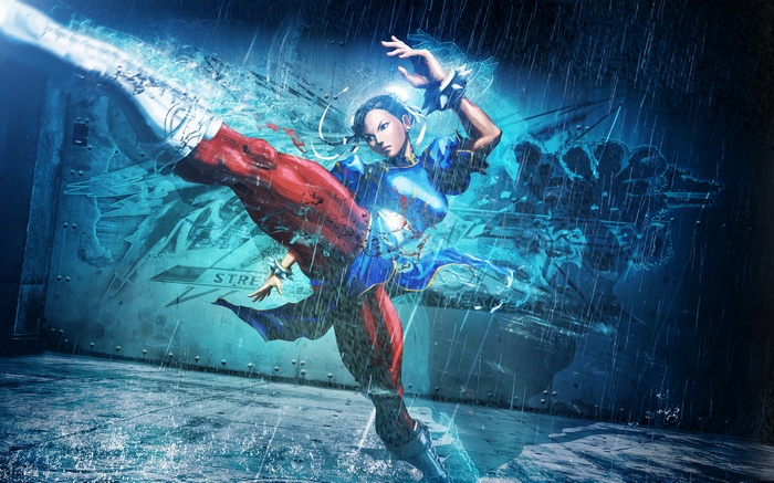 Chun-Li performing a spinning kick in the rain