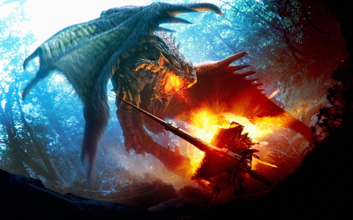 forest dragon fantasy art lance fire Monster Hunter World video games Monster Hunter