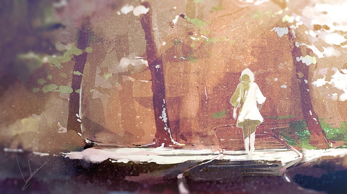 Anime girl walking on a path in a sunlit forest