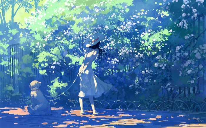 Anime girl in white dress walking a dog in a park