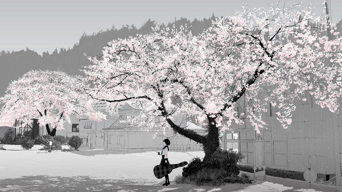 Anime girl with guitar under cherry blossoms