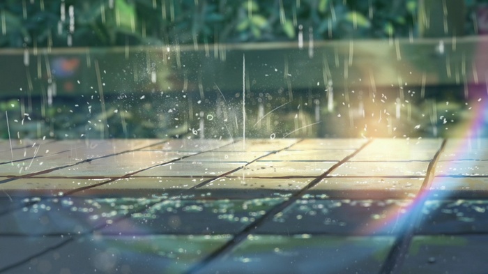 Rain and sunlight on pavement, The Garden of Words