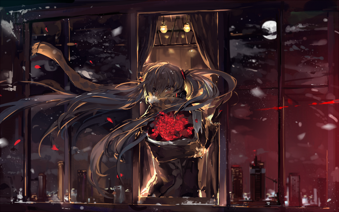 Hatsune Miku holding red flowers in winter
