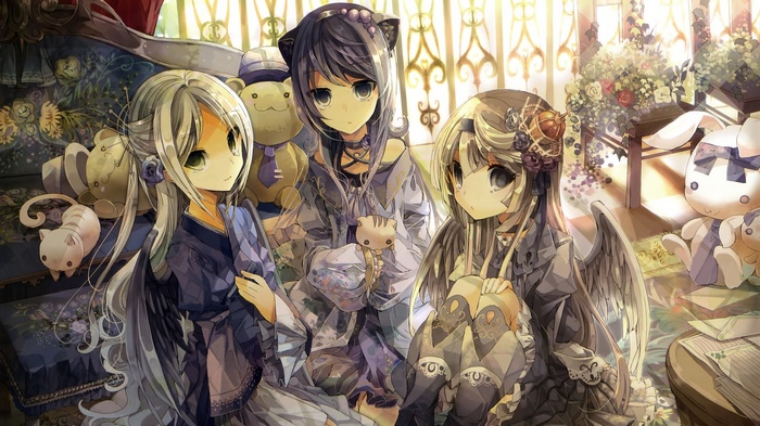 Anime girls with stuffed animals in a room