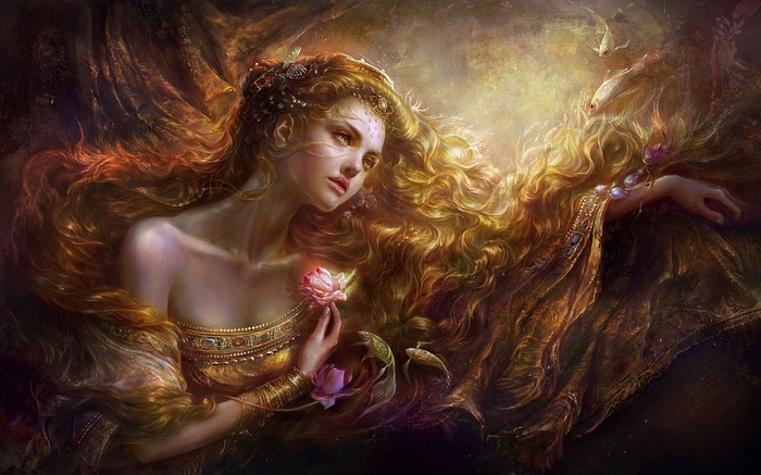 Fantasy girl with long gold hair and fish