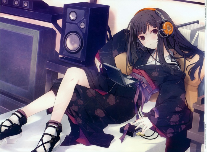 Anime girl in kimono with headphones and laptop