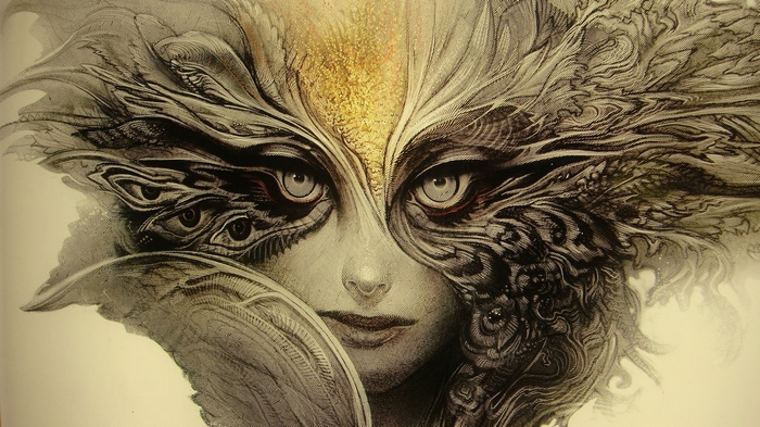 Fantasy art of a woman with multiple eyes and a mask