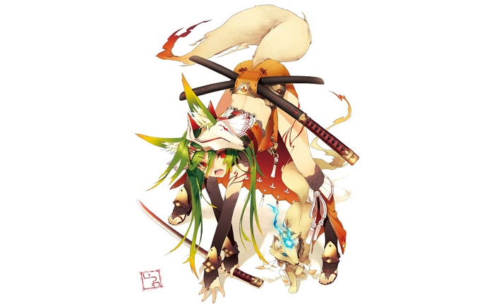 Anime girl with fox ears and tail holding swords