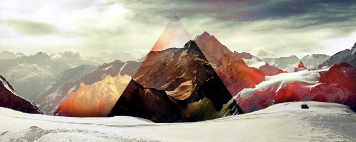Geometric mountain landscape with snow and red accents