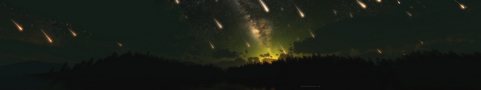 Meteors shower over a dark forest and lake