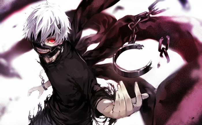 Ken Kaneki with red eyes and mask from Tokyo Ghoul