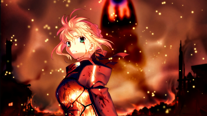 Saber in a fiery battlefield