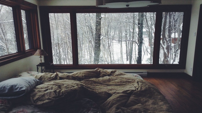 Cozy bedroom with a view of a snowy forest