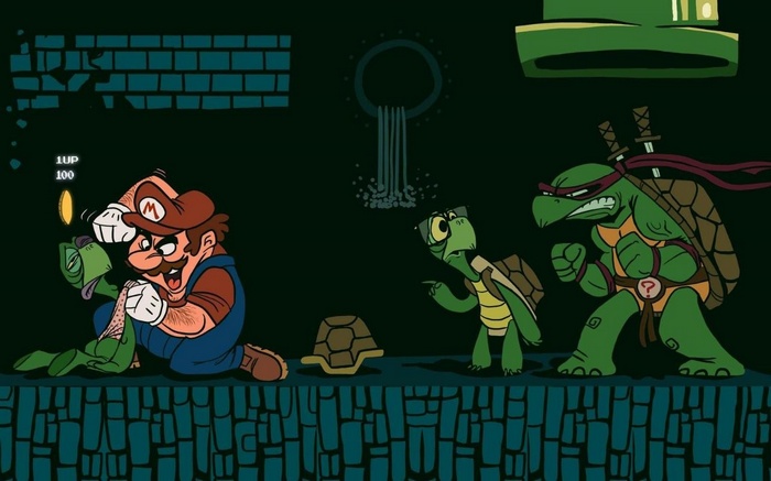Mario fighting a turtle with Teenage Mutant Ninja Turtles