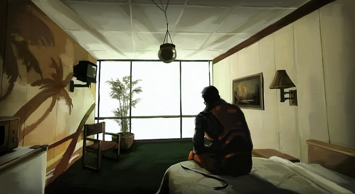 Gordon Freeman in a hotel room with a crowbar
