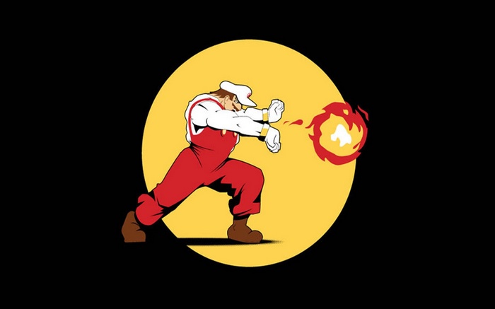 Mario shooting a fireball in front of a yellow circle
