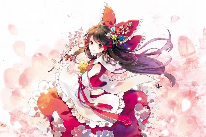 Hakurei Reimu from Touhou holding a cherry blossom branch