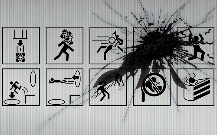Portal game icons on a cracked screen