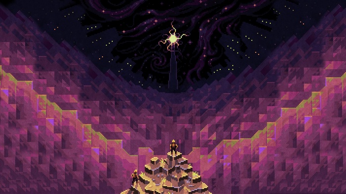 Pixel art of a cosmic tower and figures
