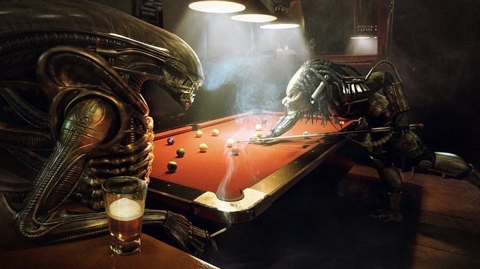 Alien and Predator playing pool