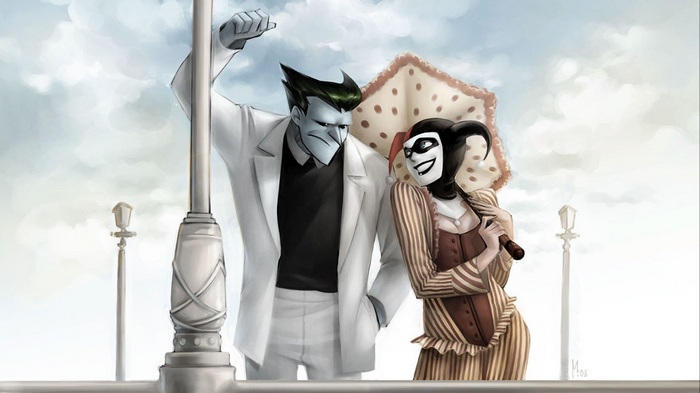The Joker and Harley Quinn under an umbrella