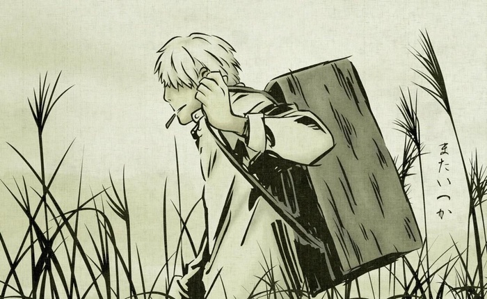 Ginko from Mushishi carrying a large pack