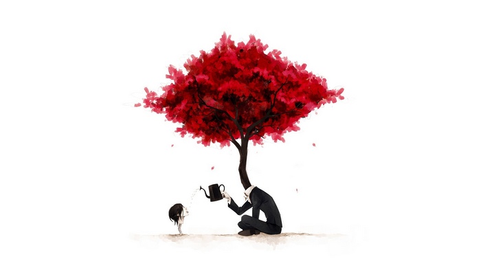 Surreal image of a man watering a tree with a red canopy