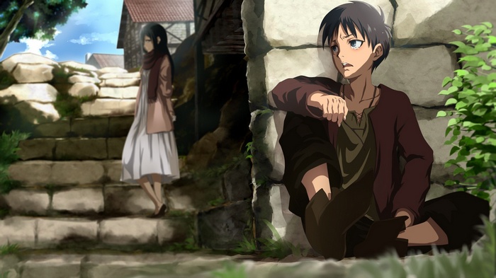 Eren and Mikasa in Attack on Titan