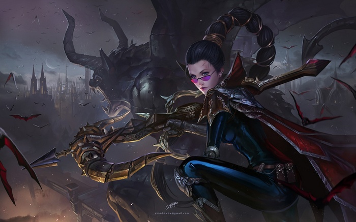 Vayne with a crossbow and a monster in a gothic city