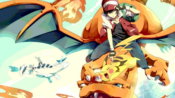 Red and Charizard with Pikachu and Lugia