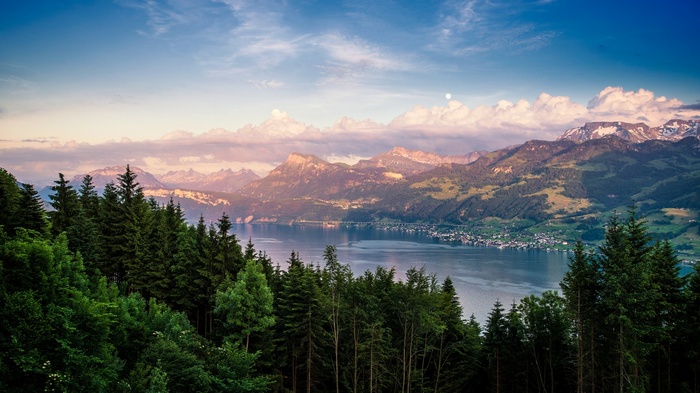 Lake and mountains with forest in foreground