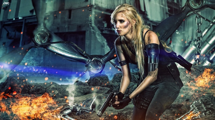 Cyberpunk girl with gun and drone