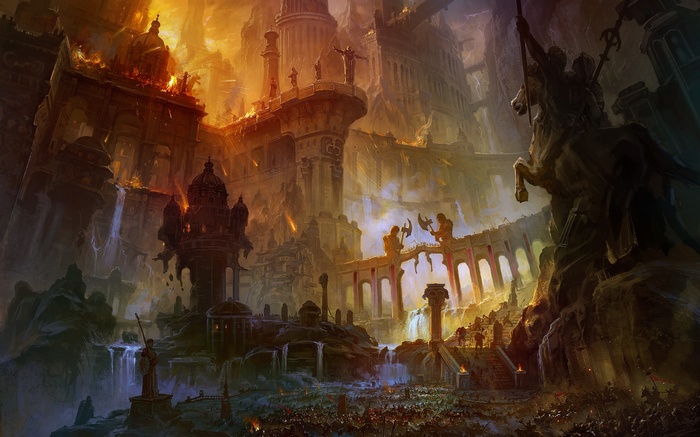 Fantasy city under siege with statues and soldiers
