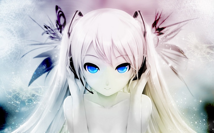 Anime girl with white twintails and blue eyes