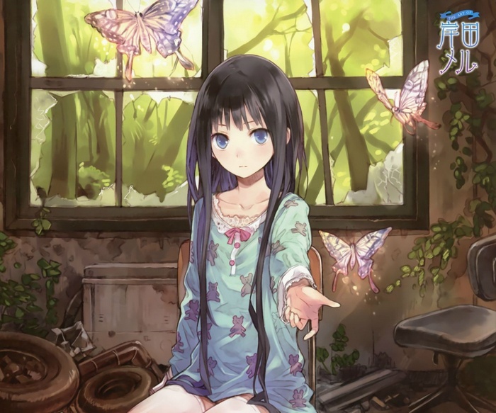 Anime girl with butterflies near a broken window