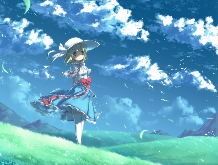 Anime girl in a blue dress in a grassy field under clouds
