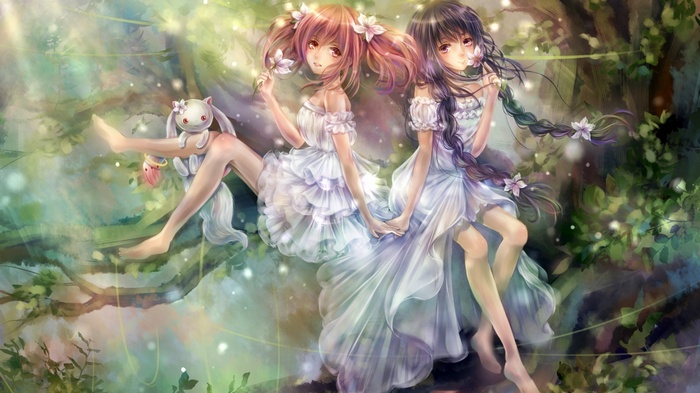 Madoka Kaname and Homura Akemi with Kyubey in a forest
