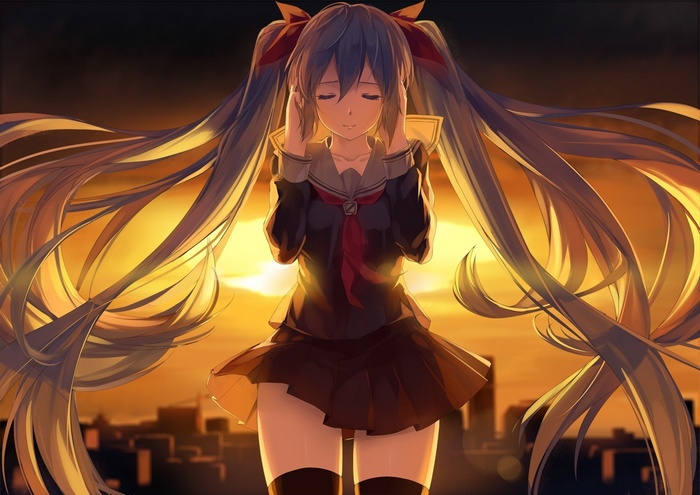 Hatsune Miku with long twin tails at sunset