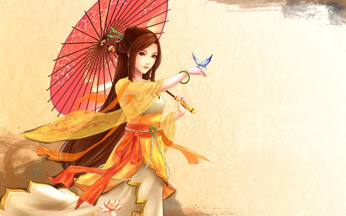 Anime girl with umbrella and butterfly