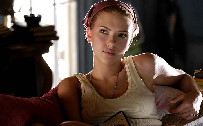 Scarlett Johansson wearing a tank top and bandana