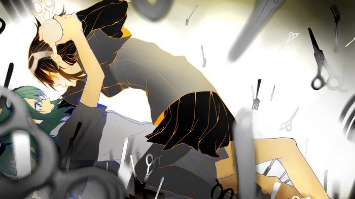 Anime characters with scissors and forks
