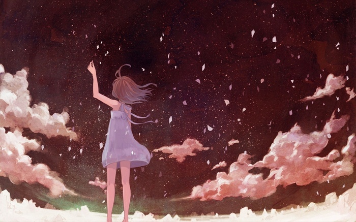 Anime girl in a purple dress under a starry sky