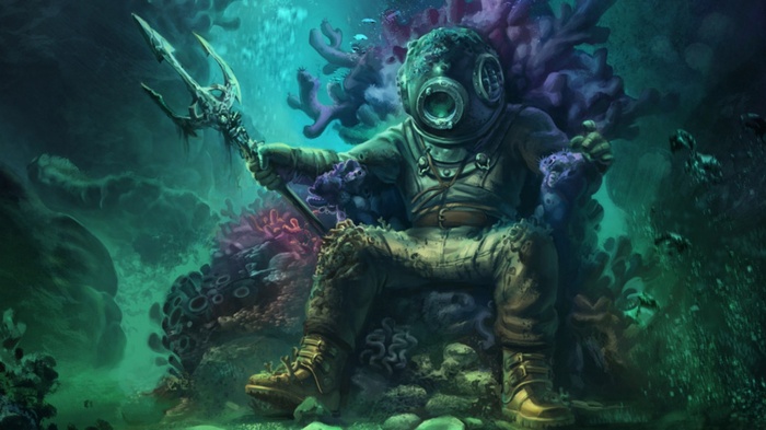 Diver with Trident Sitting on Coral Throne