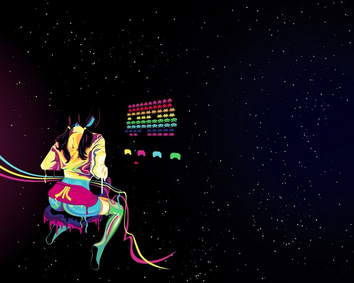 Girl playing Space Invaders on Atari