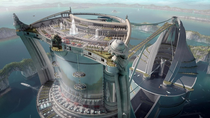 Futuristic city architecture in a tropical bay