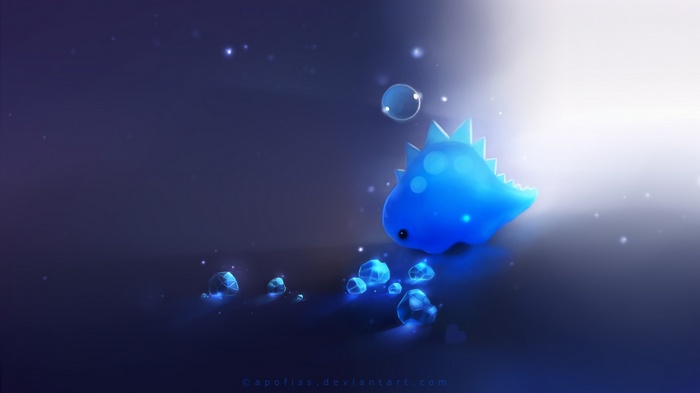 Blue glowing dinosaur with bubbles and crystals