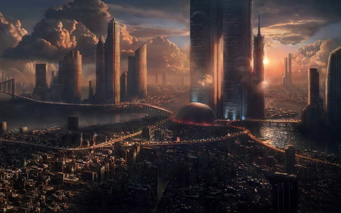 Futuristic cityscape with towering skyscrapers and a domed structure