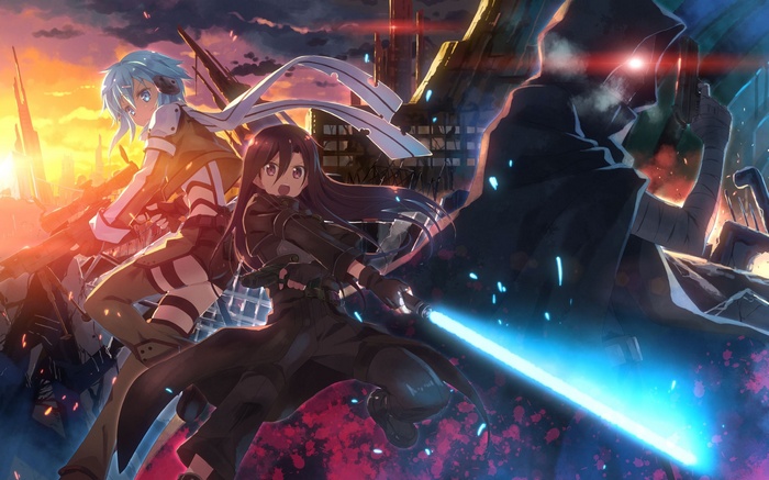 Sword Art Online: Kirito, Sinon, and Yuuki in battle